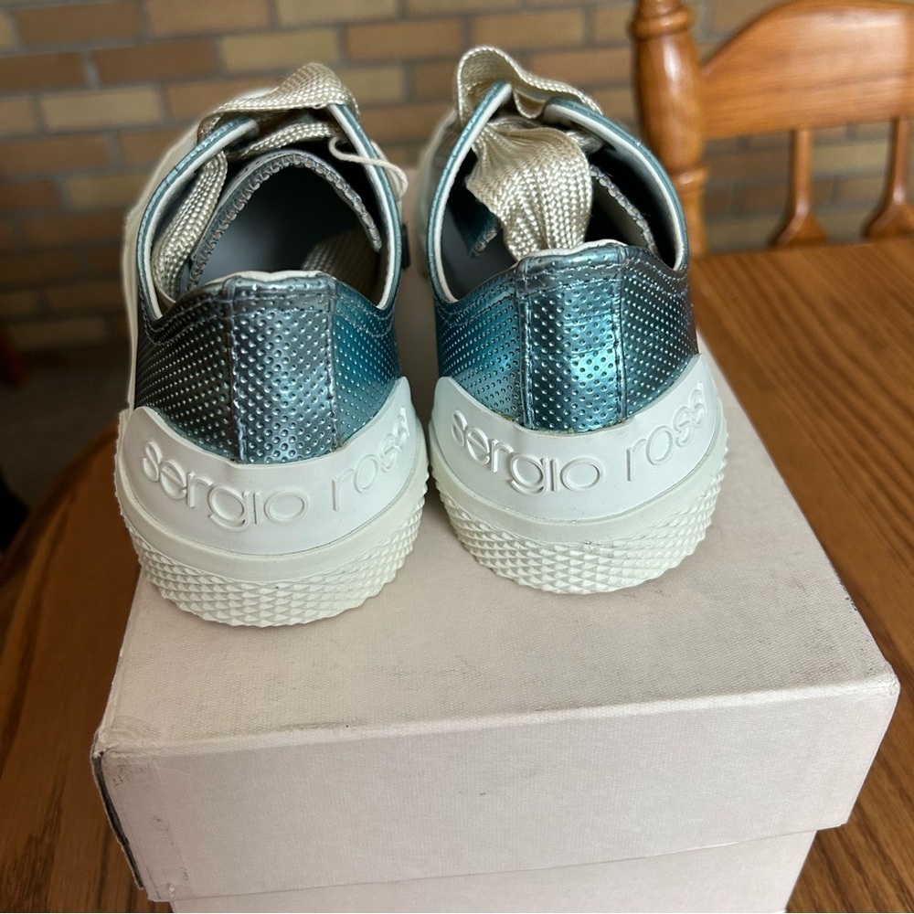 Sergio Rossi Metallic Blue Leather Lace Up Sneakers Women’s Size 36 - Picture 8 of 15
